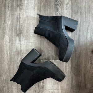 Black Platform Heel Ankle Boots - Women's chunky Chelsea suede